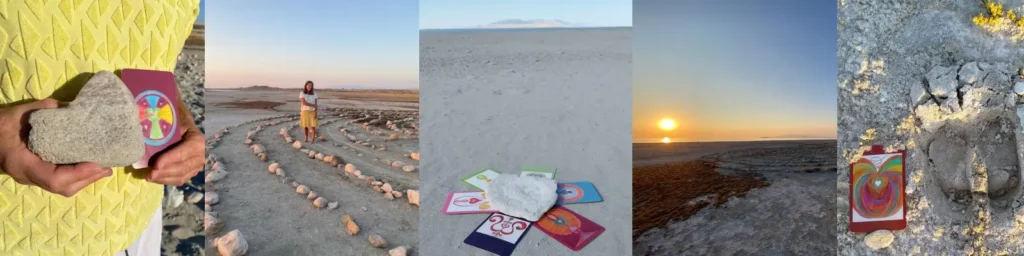 Collage van Charlotte Bosteels in het labyrint op Antelope Island met transitiekaarten Jouw Levensweg en Overvloed, en afdruk in het zand van een bizonpoot – Sehoona
