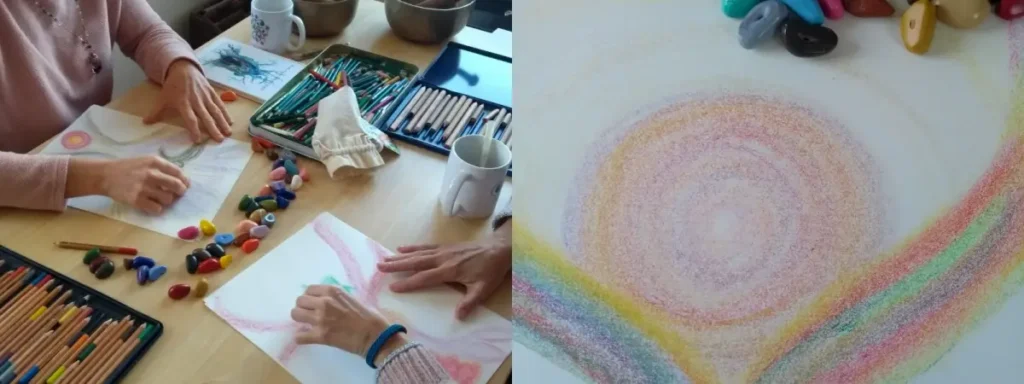 Twee paar handen die intuïtief tekenen met krijtjes en een helende tekening – Sehoona intuïtief helend tekenen