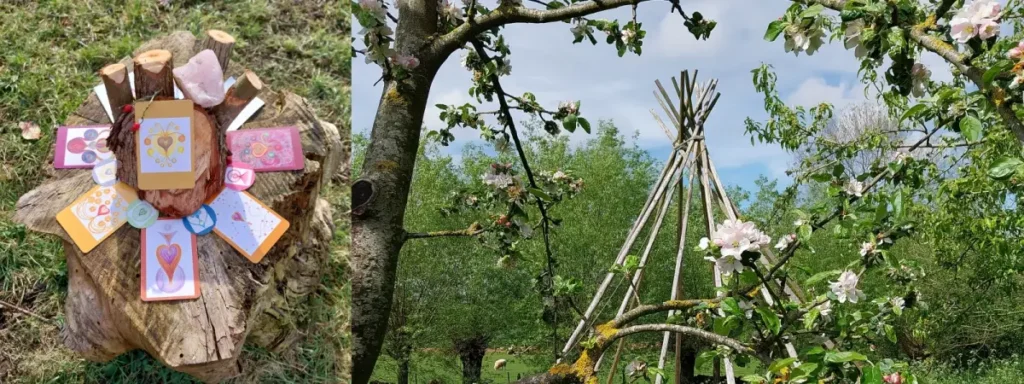 Transitiekaarten uitgestald op een boomstronk en een tipi met bloesems – Sehoona micro-sessies op afstand